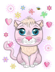 Cute cartoon pink cat, kitten on a background of flowers