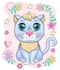 Cute cartoon blue cat, kitten on a background of flowers