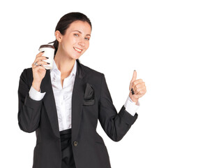 Young women in black suit with a smile holding a cup of coffee. Portrait on white background with studio light.