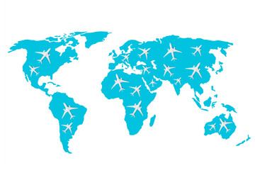 World map with toy airplanes on white background