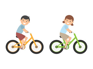 Cute happy children riding bicycles. Girl and boy ride bikes. Healthy lifestyle. Sport vehicles competition concept. Vector illustration isolated on white