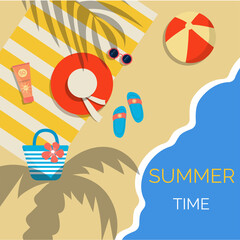 Bright summer poster with beach accessories, relax