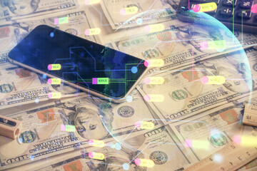 Double exposure of data theme drawing over us dollars bill background. Technology concept.