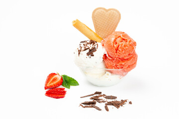 Italian homemade strawberry and stracciatella ice cream in white background