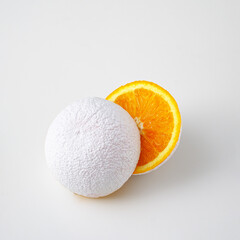 Surreal idea of an unreal white cut orange fruit on a white background.