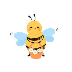 Bee cartoons with daisy flower pot icons isolated on white background vector illustration.