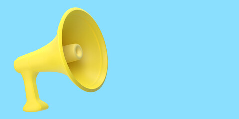 Yellow loudspeaker, shout, megaphone on a blue background. 3d rendering