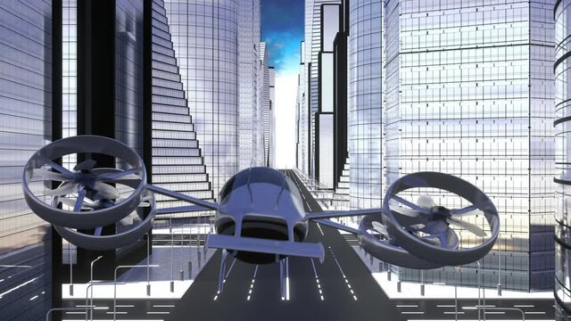 Passenger drone flying above a street and between office buildings/ skyscrapers - 3D 4k animation (3840x2160 px).
