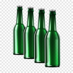 Row of clear dark green glass bottles on transparent background, realistic vector illustration