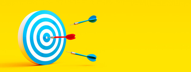 Red dart finding the target. Business solution concept on yellow background 3D Rendering, 3D...
