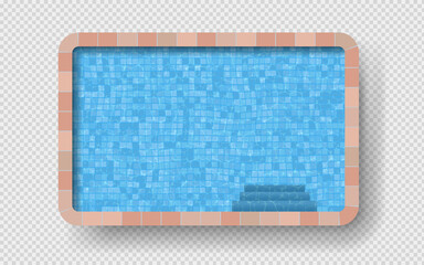 Pool with a realistic texture of water, with tiles and steps on a transparent background.