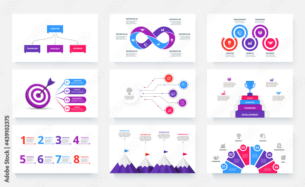 Fototapete set of infographic presentation slides. target, stairs with gold cup, infinity sign, mountains, flow