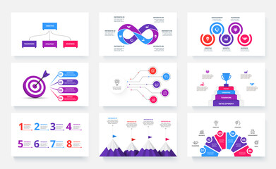 Set of infographic presentation slides. Target, stairs with gold cup, infinity sign, mountains, flowchart and circle diagrams. Vector illustration for business data visualization.