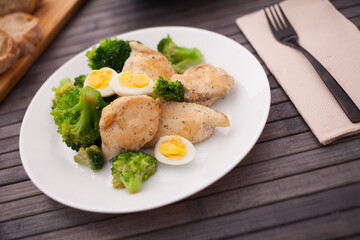 chicken breast with broccoli and quail eggs on plate for healthy dinner