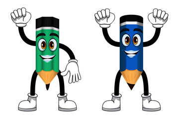 Happy mascot pencil characters standing and waving posing together colorful outfit isolated