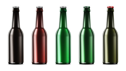 Clear blank glass bottle with cap isolated on white background, vector mock-up. Packaging for beer, water, soda and other drinks. Template for design