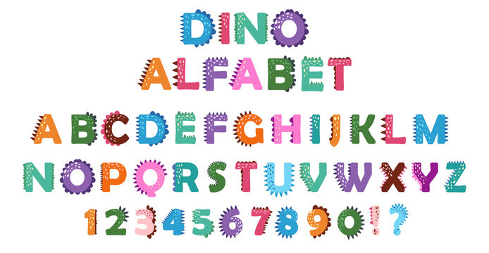 funny comic Dino alphabet and numbers on a white background in cartoon style. Bright modern illustration for kids, nursery, poster, card, birthday party, packaging paper design, baby t-shirts.