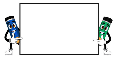 Happy mascot pencil characters standing behind blank board placard together colorful outfit isolated