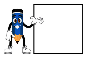 Happy mascot pencil character standing pointing to blank board colorful outfit isolated