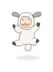 Funny cute white sheep jumping in hand drawn style. Childish creative print for decoration or card. Vector graphic design element for kids poster