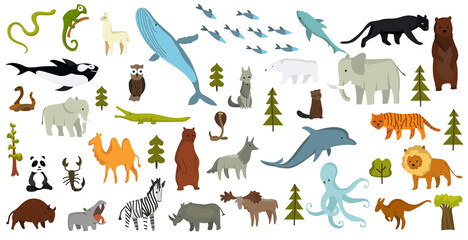 Collection of cute animals. Hand drawn animals which are common in America, Europe, Asia, Africa. Icon set isolated on a white background