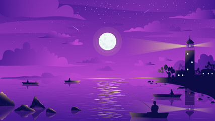 Night moonlight lighthouse sea landscape vector illustration. Cartoon fisherman sitting in sail boat, people silhouettes catch fish with fishing rod, full moon and stars summer scenery background