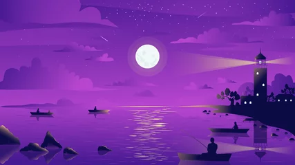 Aluminium Prints pruning Night moonlight lighthouse sea landscape vector illustration. Cartoon fisherman sitting in sail boat, people silhouettes catch fish with fishing rod, full moon and stars summer scenery background