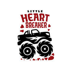 Little heart breaker monster truck kids apparel design. Hand drawn huge car with big wheels. Valentine's day t-shirt poster sticker design. Vector vintage illustration. © chelovector