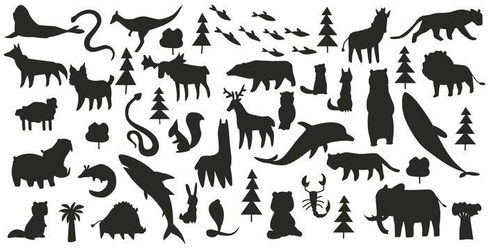 Collection of animals. Hand drawn silhouette of animals which are common in America, Europe, Asia, Africa. Black icon set isolated on a white background