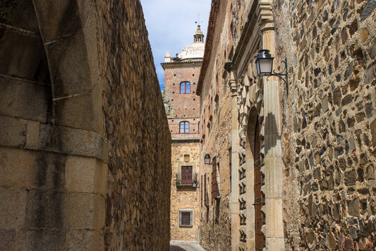 Caceres, Spain. One of the adarves (ramparts) with the Palace of Toledo-Moctezuma in the Old Monumental Town, a World Heritage Site