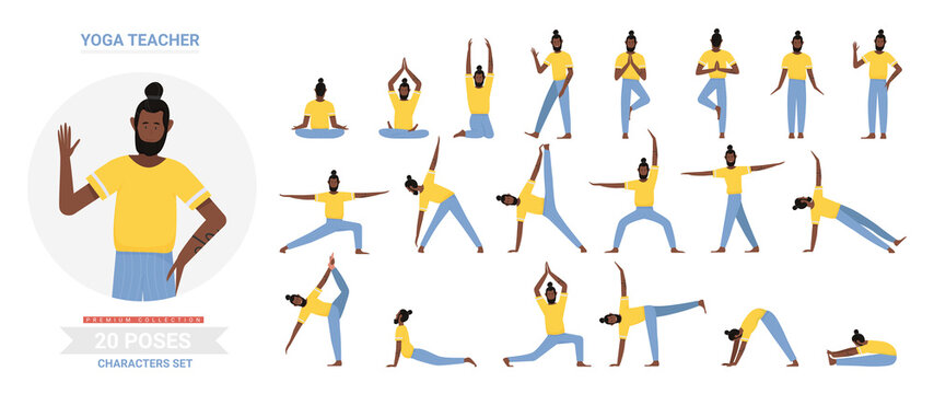 African american black yoga teacher poses vector illustration set. Cartoon yogist man doing yogi asana exercise, meditating, sitting lotus posture, infographic relaxation activity routine isolated