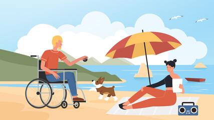 People couple with pet dog in summer beach vacation vector illustration. Cartoon young disabled man character in wheelchair training doggy animal friend, woman sitting under beach umbrella background