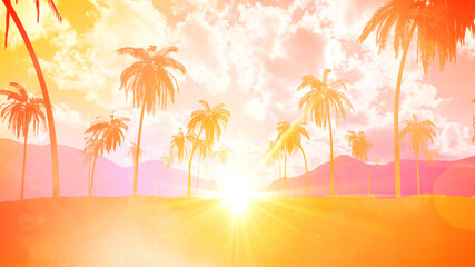 Summer tropical background with sky sunset and coconut tree.