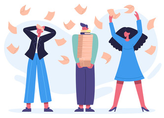 Busy workload unorganised office workers, paperwork and deadline concept