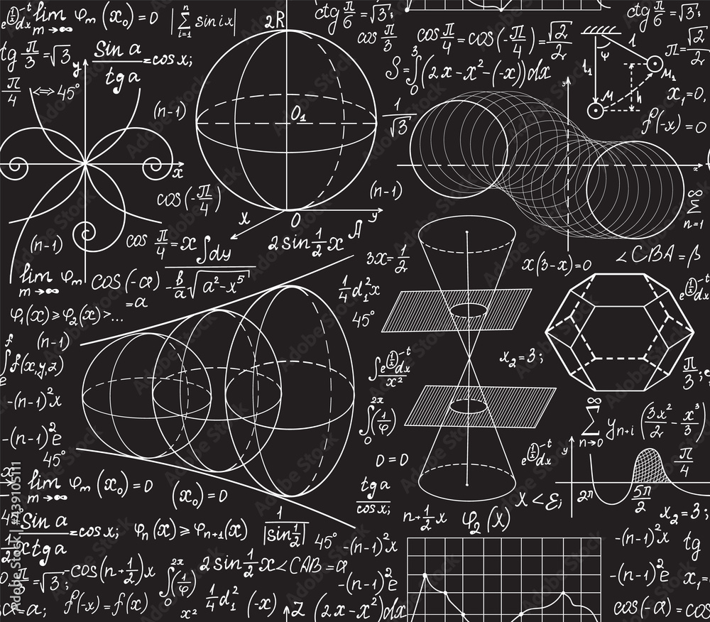 Wall mural scientific vector seamless pattern with math and physics formulas, calculations, equations, handwrit