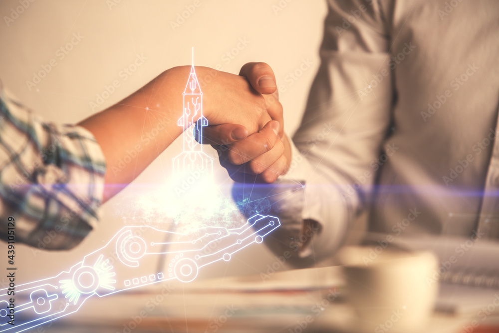 Poster multi exposure of creative drawing hologram and handshake of two men. start up concept
