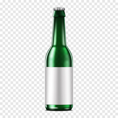 Clear green glass bottle with cap and blank white label on transparent background, vector mockup. Water, beer, soda and other drinks packaging. Template for design