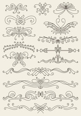 Flourish calligraphic design elements set. Page decoration symbols to embellish your layout. Outline border elements