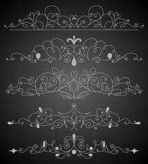 Flourish calligraphic design elements set. Page decoration symbols to embellish your layout. Linear collection of vintage swirls