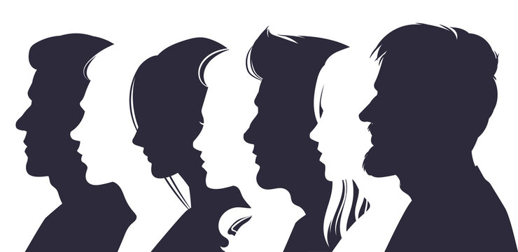 Male and female profile faces silhouettes, human faces overlay images concept