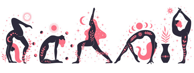 Women doing yoga, contemporary floral yoga concept illustration
