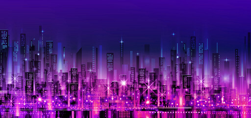 Night city skyline. Background with architecture, skyscrapers, megapolis, buildings, downtown. - obrazy, fototapety, plakaty