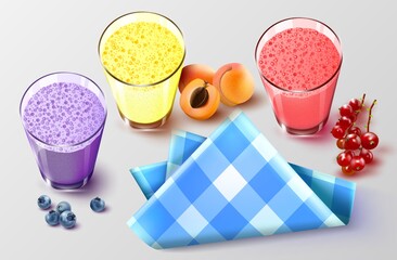 Drinks. Fruit and berry cocktails. Abstract vector illustration of a set of glass glasses with drinks made of blueberries, apricots and currants on a light background. A blank for creativity.