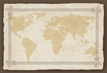 Fototapeta na wymiar Old world map with frame. Retro design banner. Decorative antique museum picture. Element for marine theme and heraldry. paper texture
