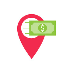 Money Location icon Vector Design. Money cash icon with Location Pin design concept for Banking, Finance, Currency and Trading Investment Business website, symbol, icon, sign, App UI template.