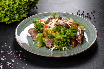 Delicious fresh salad with beef, cheese, tomatoes and lettuce leaves