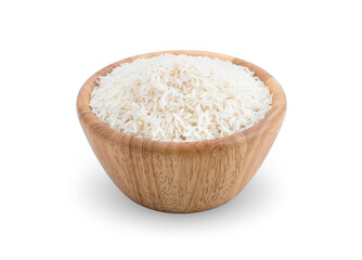 white rice (Thai Jasmine rice) in wooden bowl on white background.