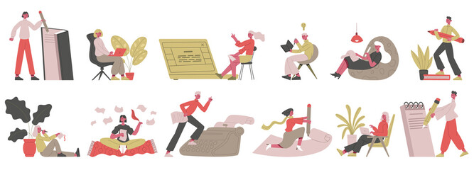 Writers and journalists. Copywriters, content manager and bloggers, copywriting or writing books vector illustration set. Creative storytelling characters