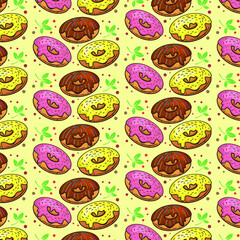 The pattern. Vector image of donuts  on a colored background. Color image. 
