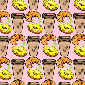The pattern. Vector image of a cup of coffee and a donut on a colored background. Color image.